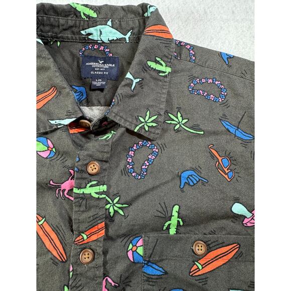 American Eagle Outfitters Large Classic Fit button down Luau Themed AEO Shark - Picture 1 of 9